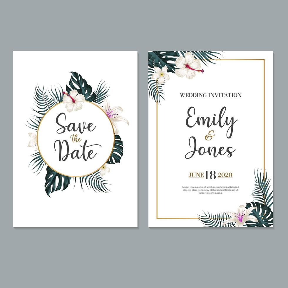 modèle d'invitation de mariage avec de belles feuilles et fleurs vecteur