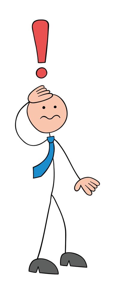 homme d'affaires stickman est très stressé, très confus, illustration vectorielle de dessin animé dessiné à la main. vecteur