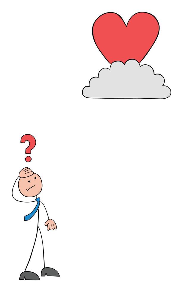 homme d'affaires stickman réfléchit à la façon d'atteindre le cœur sur le nuage, illustration vectorielle de dessin animé contour dessiné à la main vecteur
