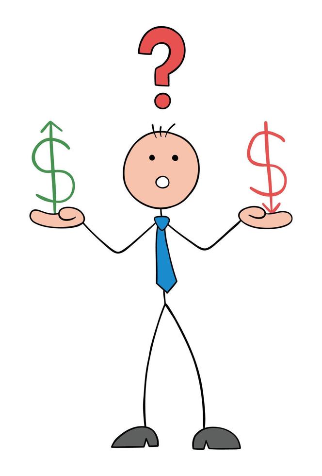 homme d'affaires stickman confus et tenant des symboles dollar montant et descendant, illustration vectorielle de dessin animé contour dessiné à la main vecteur