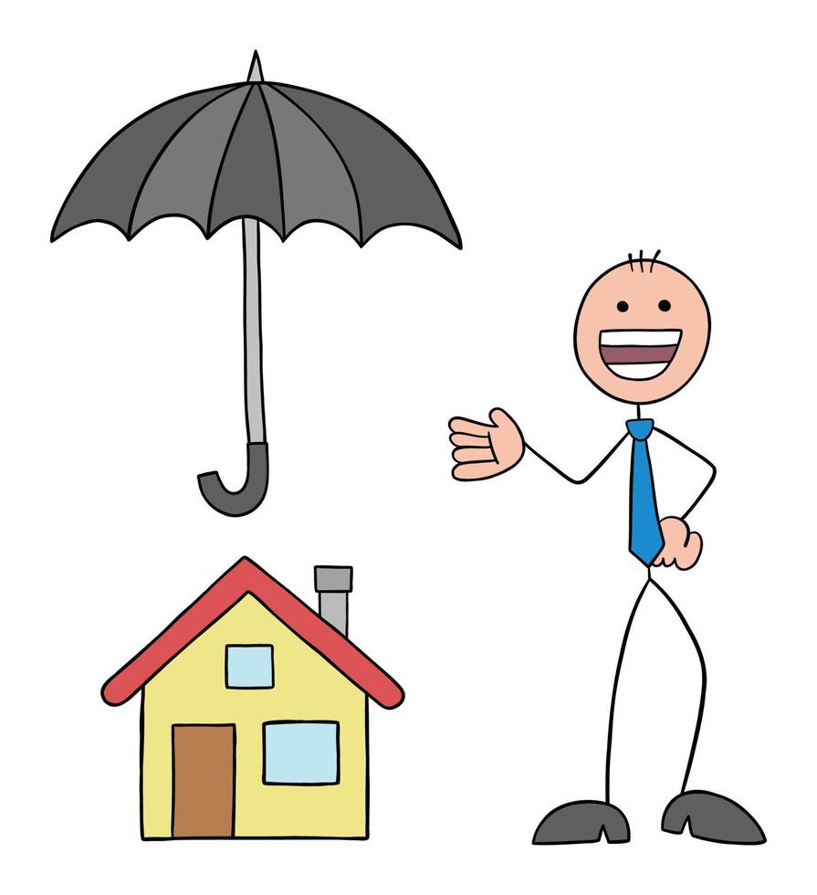 homme d'affaires stickman protège la maison avec un parapluie et est heureux, illustration vectorielle de dessin animé contour dessiné à la main vecteur