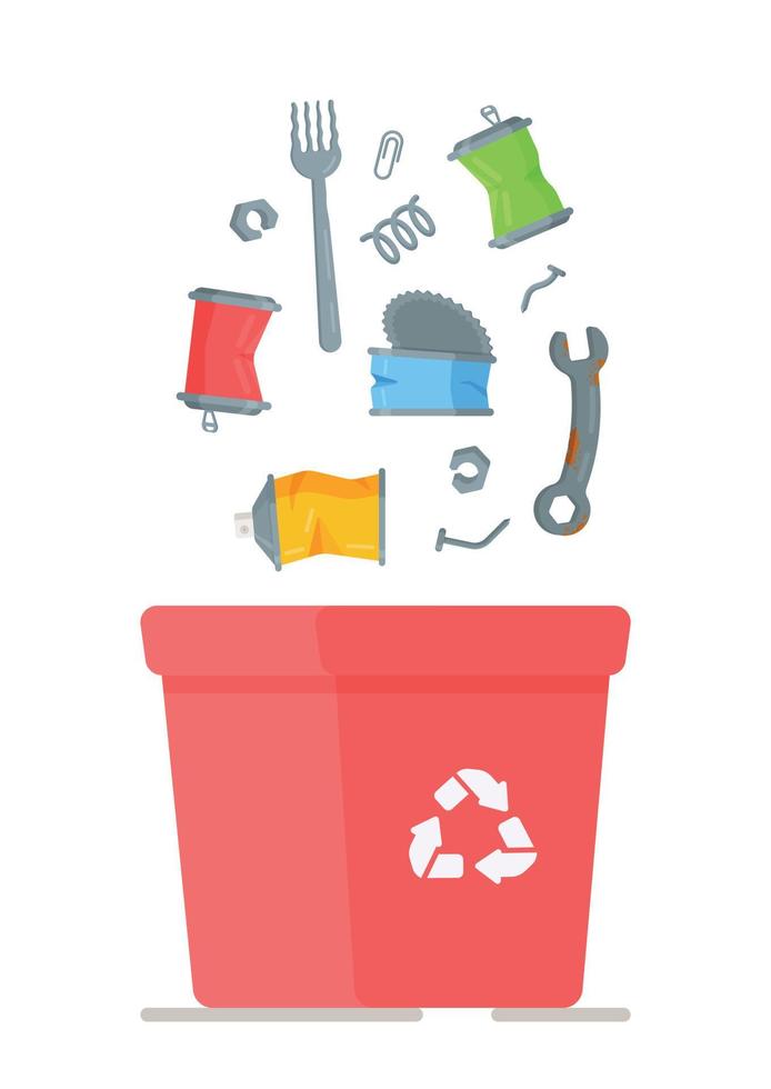 illustration vectorielle d'une poubelle poubelle pour canettes. poubelle rouge poubelle remplie de métal. vecteur