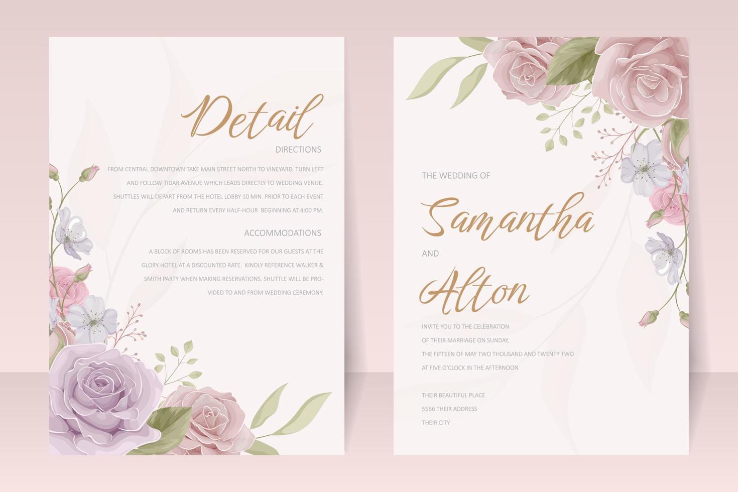 modèle d'invitation de mariage avec un design de fleur rose vecteur