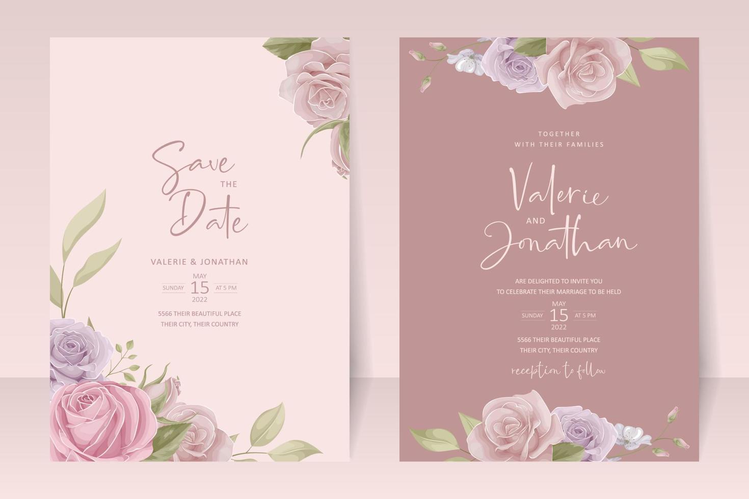 modèle d'invitation de mariage avec un design de fleur rose vecteur