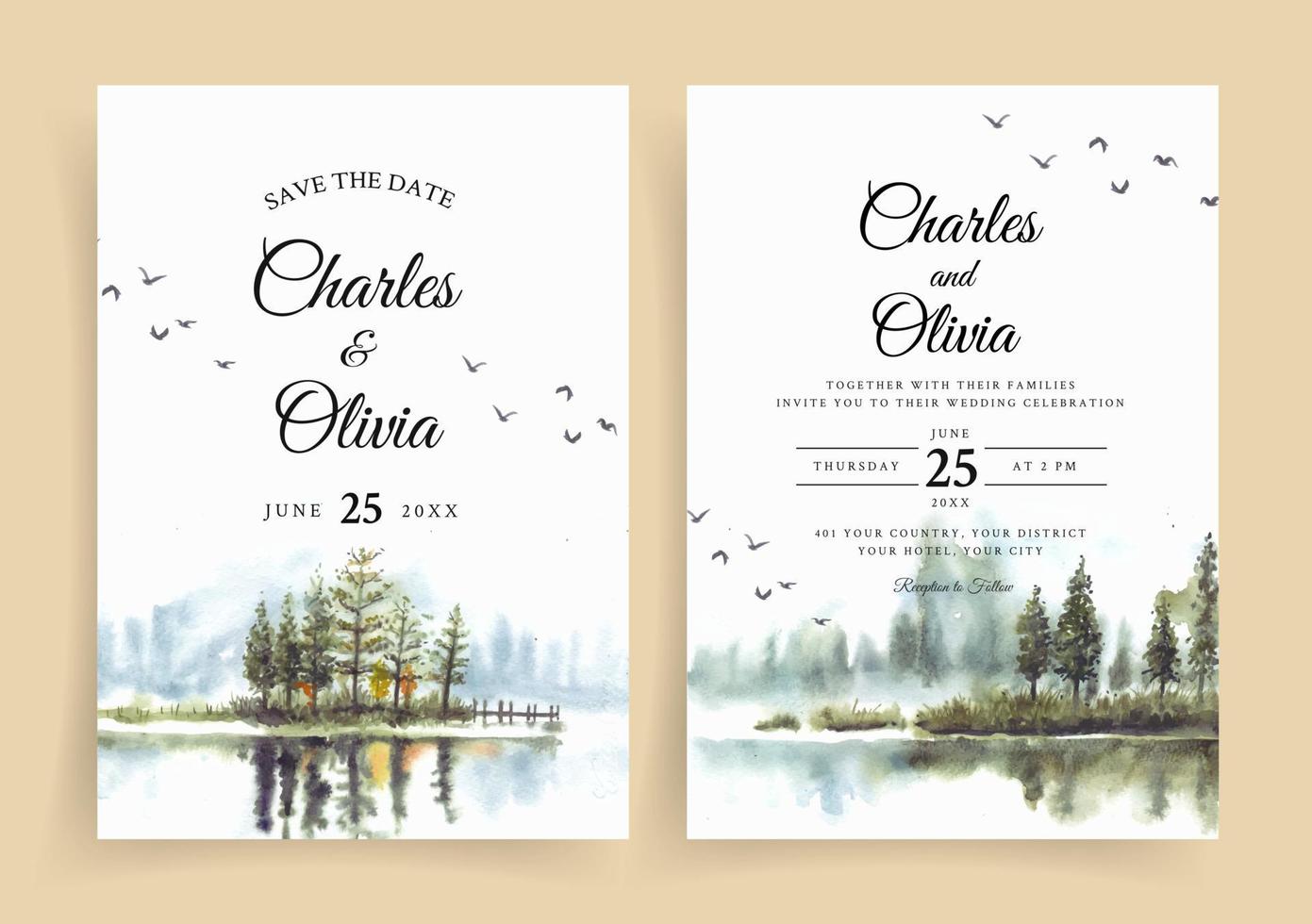 invitation de mariage aquarelle avec reflet de beaux pins dans le lac vecteur