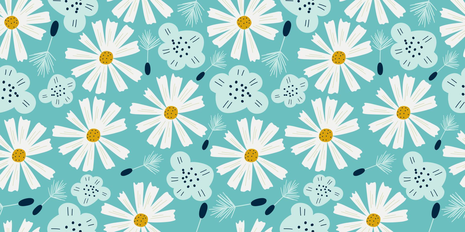 modèle sans couture de camomille avec des fleurs dans un style scandinave. fleurs de marguerite avec pissenlit et fleur simple sur fond bleu pour les dessins d'enfants. illustration vectorielle plane vecteur