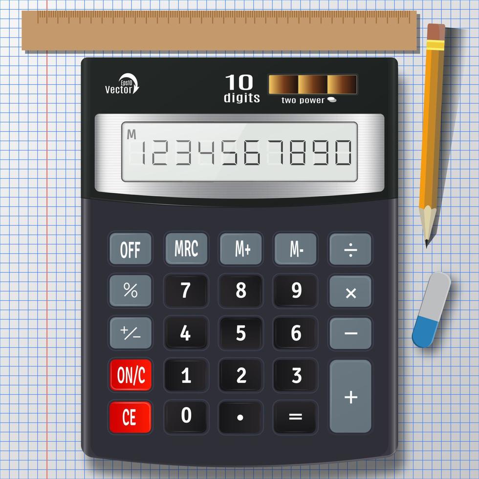 calculatrice, crayon, gomme et règle sur une feuille de papier vierge avec fond de grille. eps10 vecteur