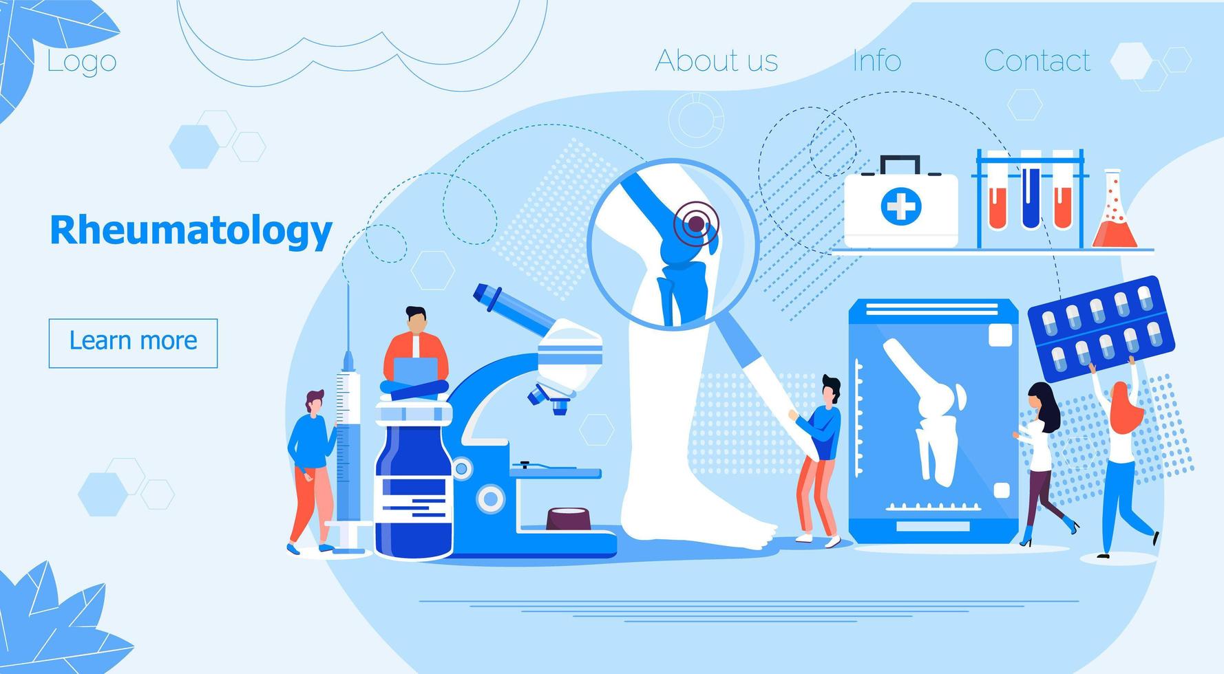 concept de rhumatologie pour le site Web. de minuscules rhumatologues soignent les rhumatismes, l'arthrose. vecteur de concept plat d'arthrite sur le fond bleu pour la journée nationale de la santé