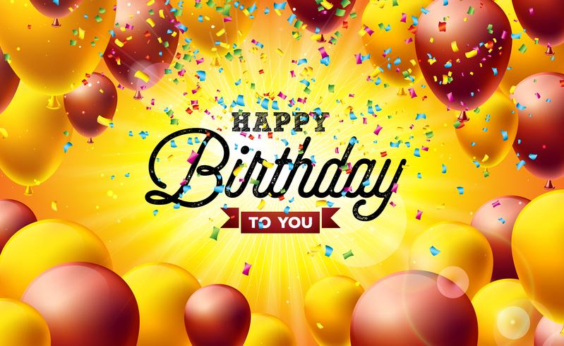 Joyeux anniversaire Vector Illustration avec ballons, typographie et confettis chute colorée sur fond jaune. Modèle de conception