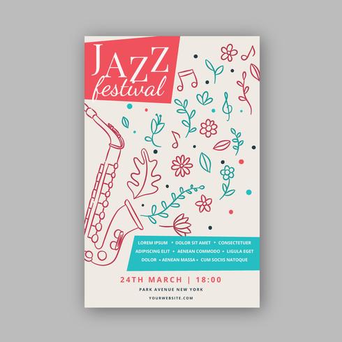 Modèle d&#39;affiche de musique adorable avec jazz et fleurs vecteur
