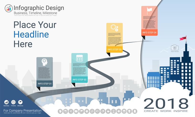 Modèle d&#39;infographie d&#39;entreprise, chronologie de jalon ou feuille de route avec options de l&#39;organigramme de processus 4. vecteur