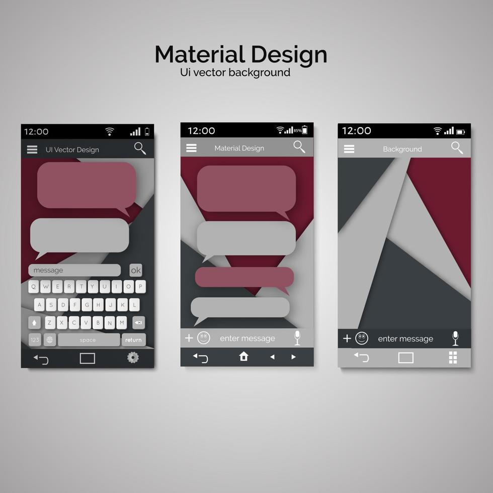 modèles d'interface utilisateur abstraits de papier de chevauchement. ensemble d'arrière-plan de conception de matériel d'interface utilisateur. smartphone bavarder sms messages bulles. clavier de smartphone. vecteur