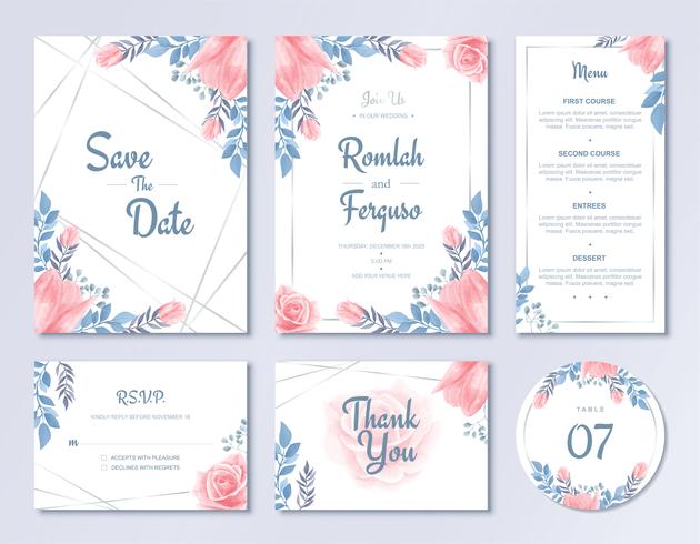 Modèle de carte Invitation de mariage de luxe réglée Style de fleurs FLoral aquarelle vecteur