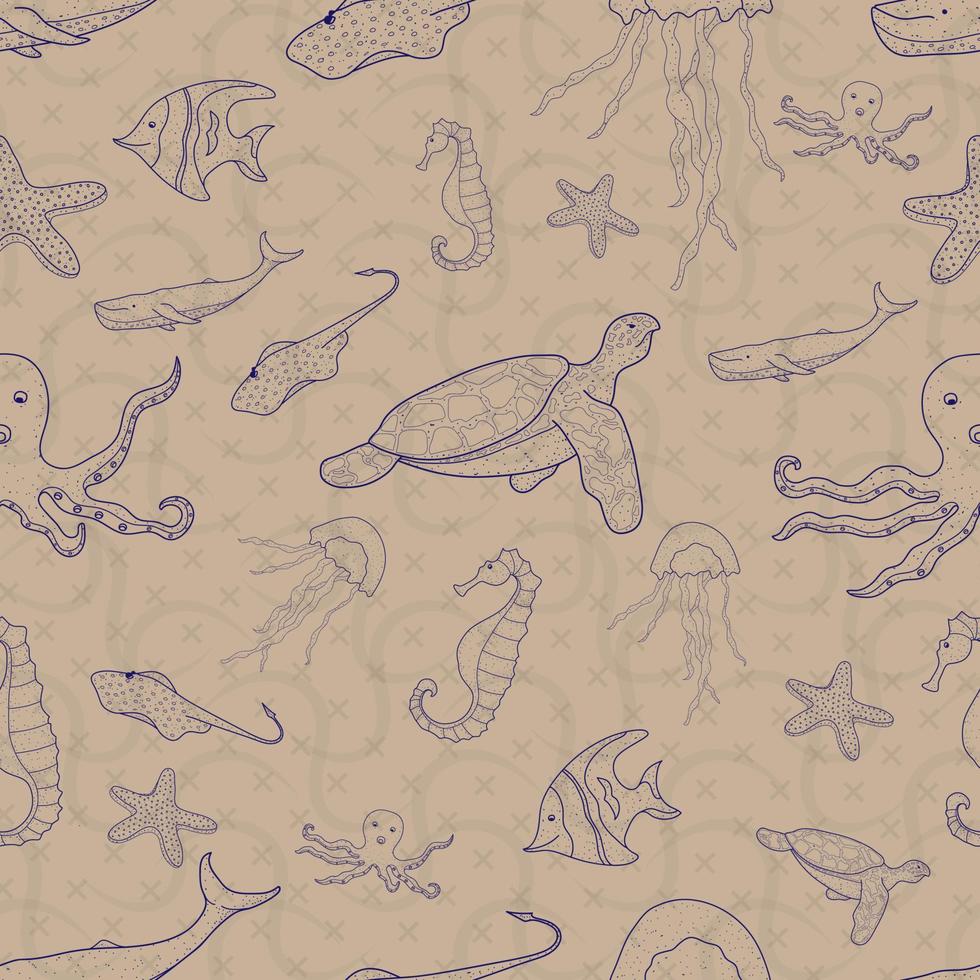 modèle sans couture ensemble d'animaux marins. journée mondiale de l'océan. style de conception de dessin à la main doodle. illustration vectorielle eps10 vecteur