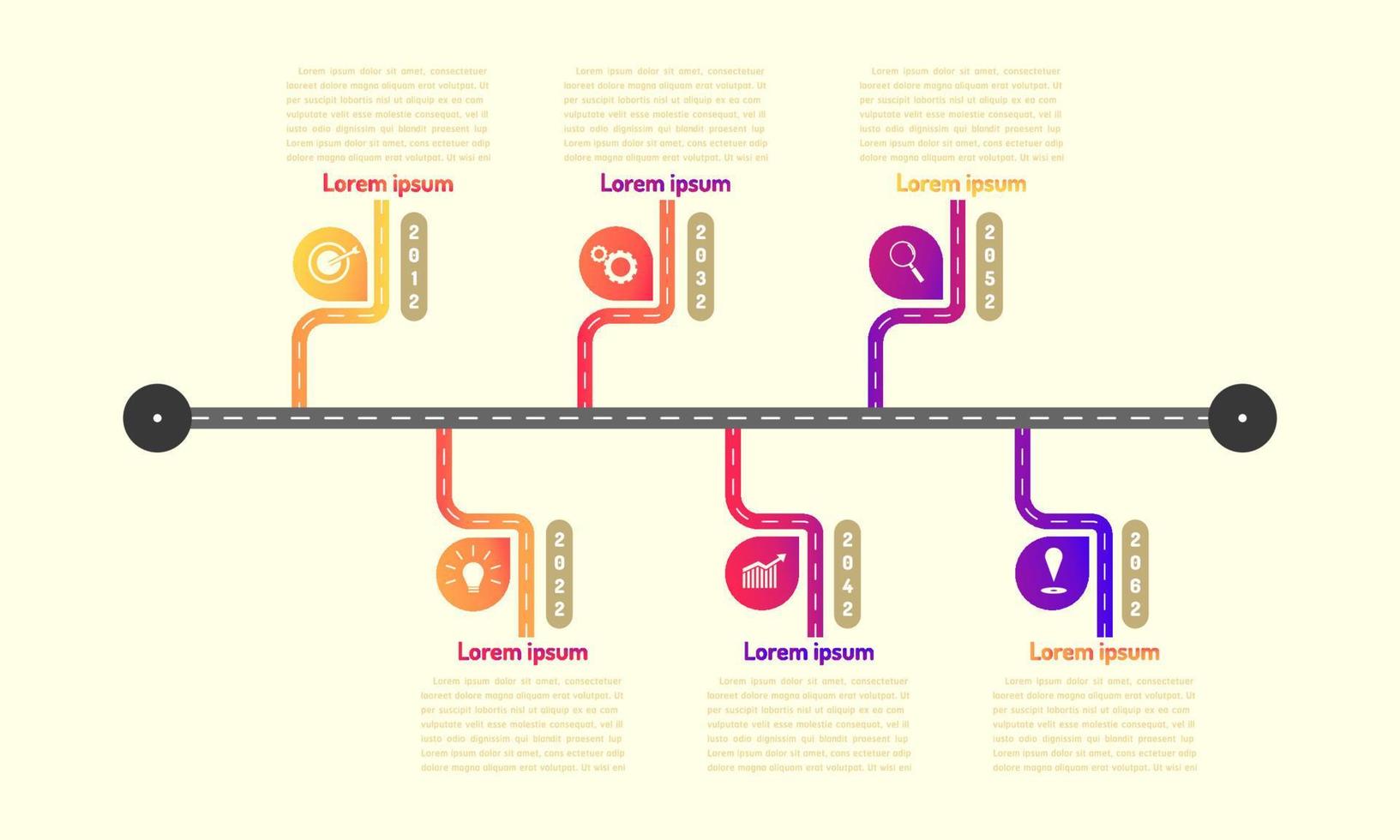 les éléments de la chronologie de la feuille de route du métro avec un graphique de points de repère pensent que les icônes de cible d'engrenage de recherche. illustration vectorielle eps10 vecteur