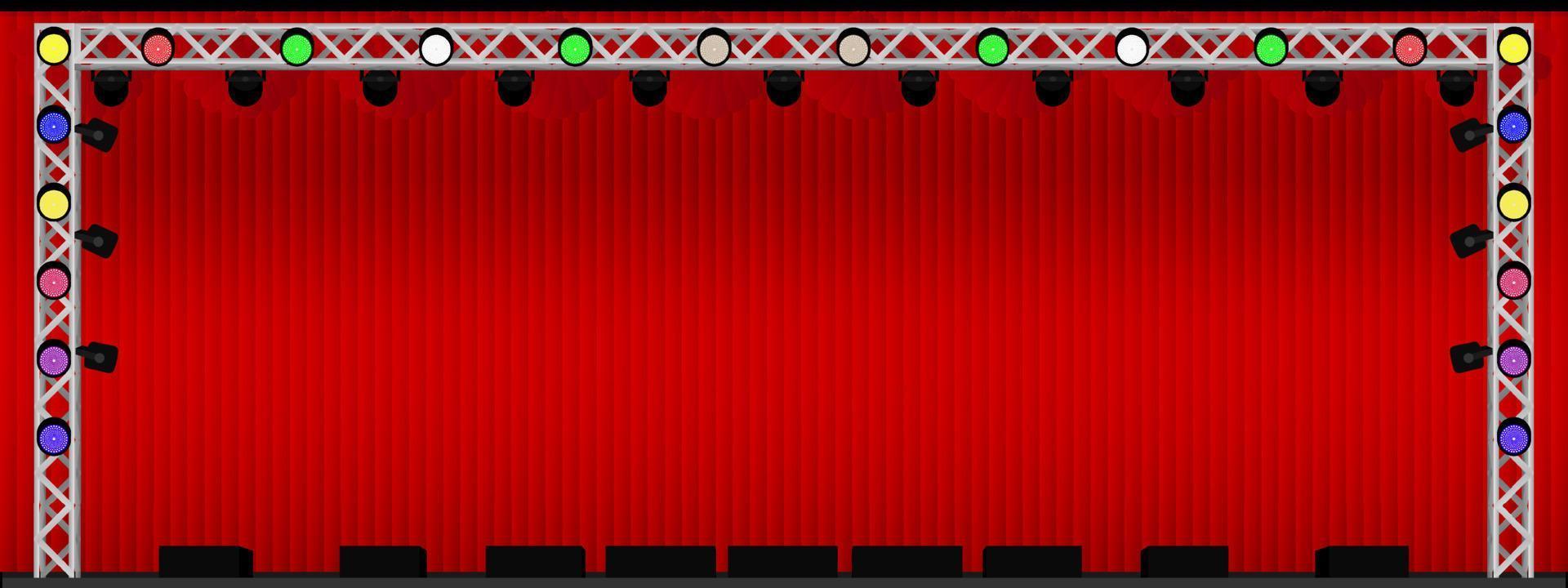 scène de théâtre ou de concert avec rideau rouge et structure en acier et nombreux projecteurs de couleur et moniteur de haut-parleur. pour la variété des fêtes. illustration vectorielle eps10 vecteur