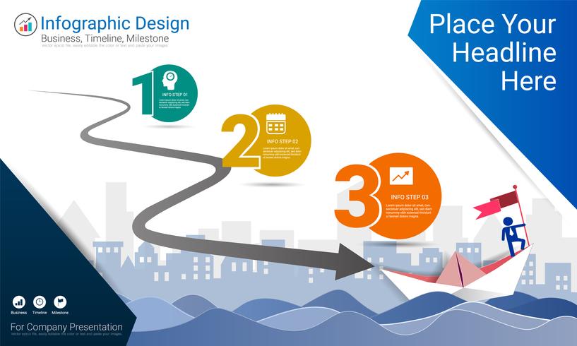 Rapport d&#39;infographie commerciale, chronologie des jalons ou feuille de route avec options de l&#39;organigramme de processus 3. vecteur