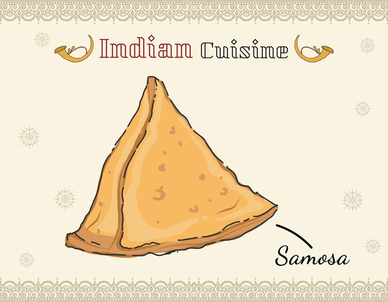 Snack frit indien de style doodle cuisine de forme triangulaire pause samosa ou collation à l'heure du thé appelée samoussas avec sauces vecteur