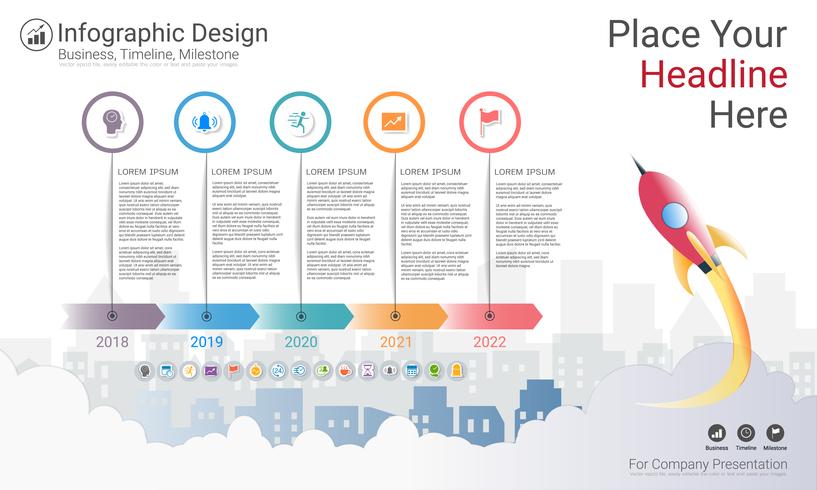 Modèle d&#39;infographie d&#39;entreprise, chronologie du jalon ou feuille de route avec options de l&#39;organigramme de processus 5. vecteur
