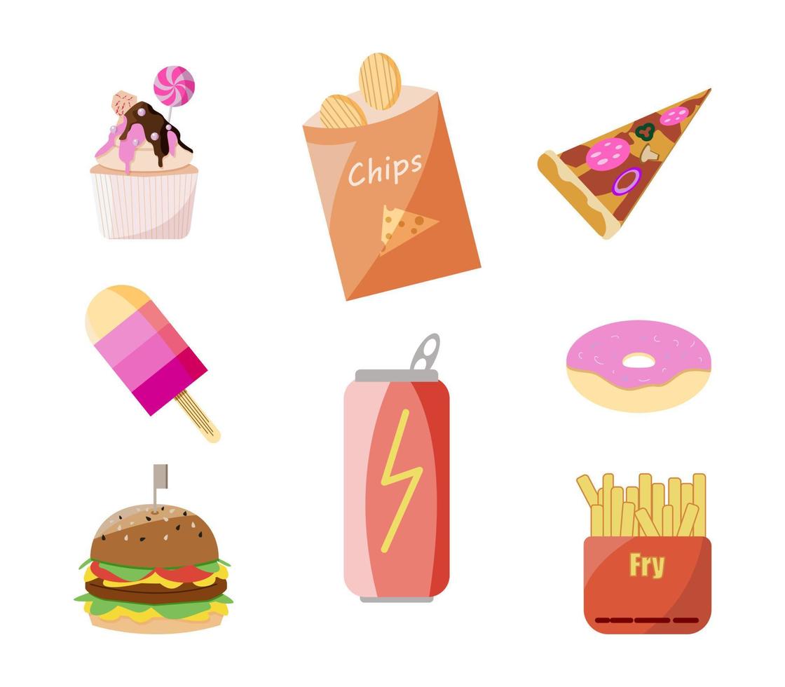 aliments malsains éléments d'une mauvaise nutrition hamburgers, frites, pizza, chips, soda, crème glacée, beignets et gâteaux. illustration de vecteur plat couleur isolé sur fond blanc