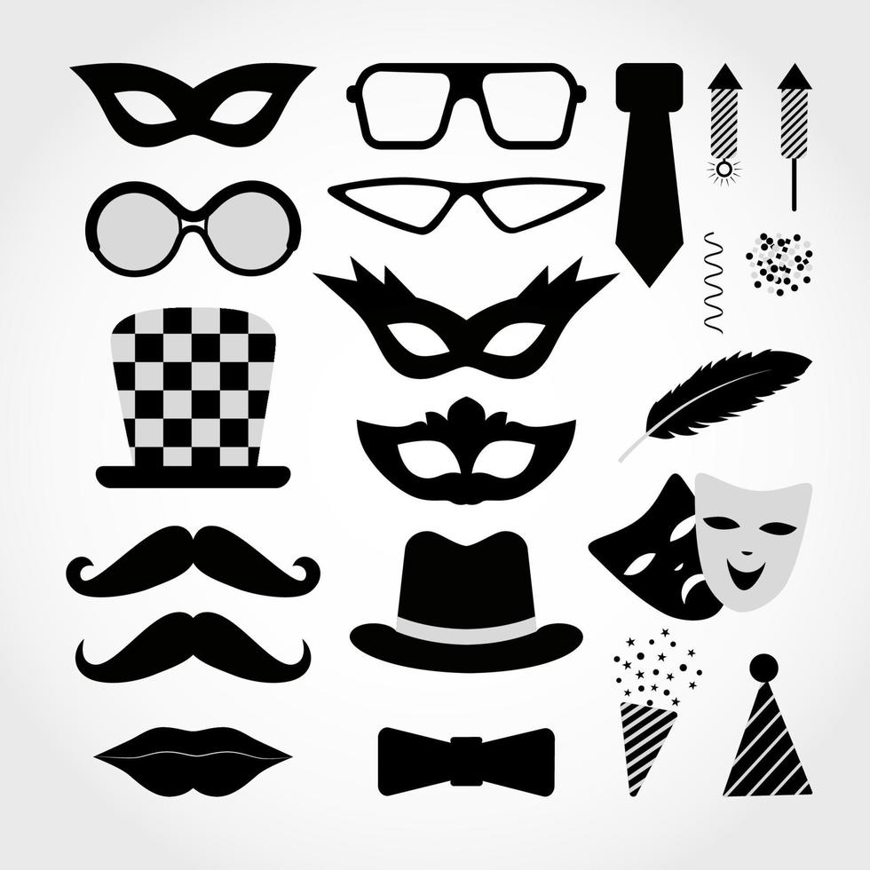 carnaval d'icônes noires sur fond blanc. illustration vectorielle. signes et symboles. chapeaux et lunettes amusants, masques, lèvres, cravate, fusée pétard, plume, moustache. éléments décoratifs pour logo, flyer vecteur