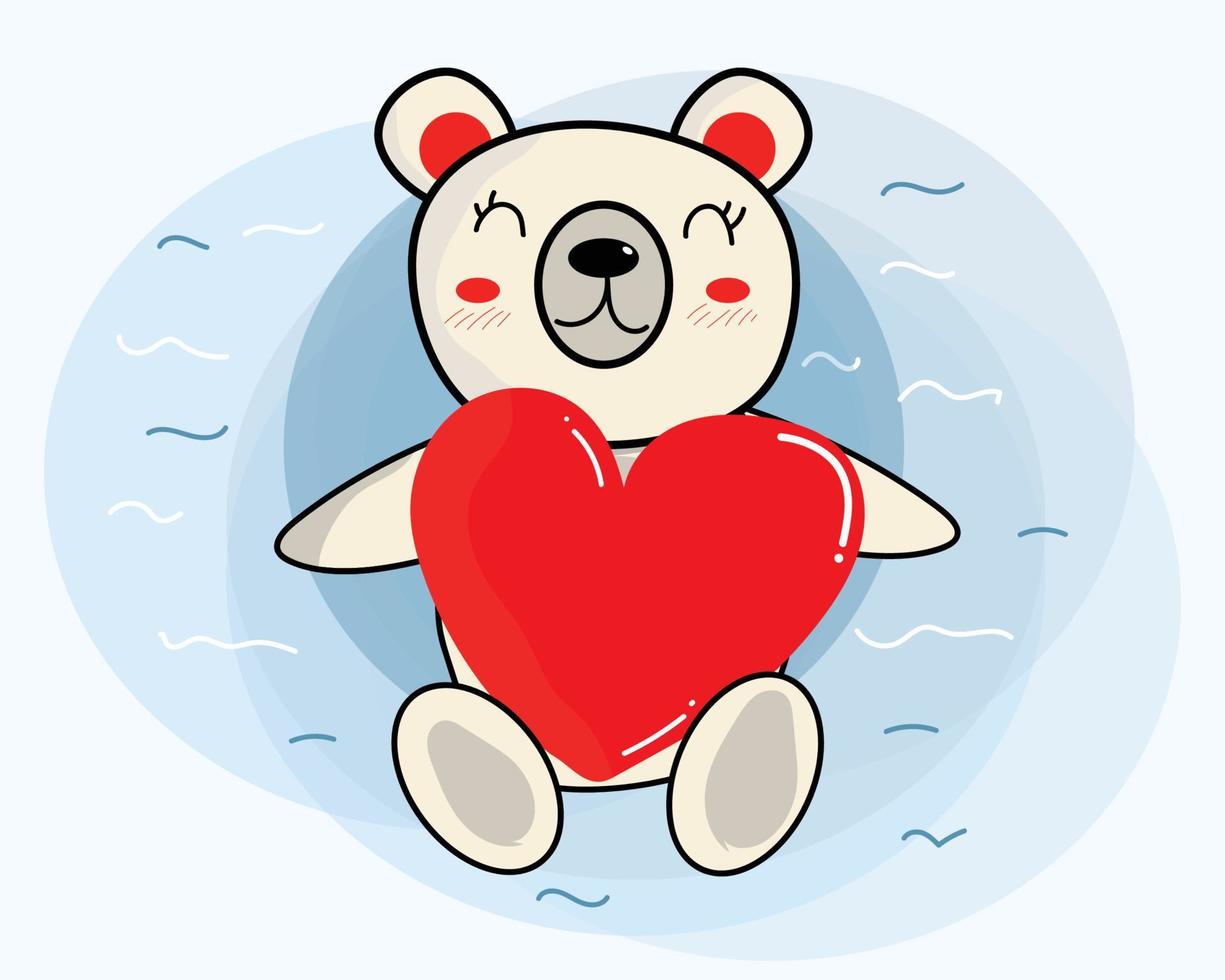 mignon ours blanc avec sourire et gros coeur rouge dans l'eau, vecteur