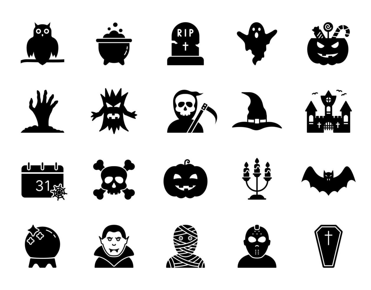 icône de silhouette de jeu d'halloween. concept d'halloween de pictogramme de glyphe d'horreur effrayant. citrouille, fantôme, chauve-souris, tombe, crâne, vampire icône noire magique effrayante pour la célébration du 31 octobre. illustration vectorielle. vecteur