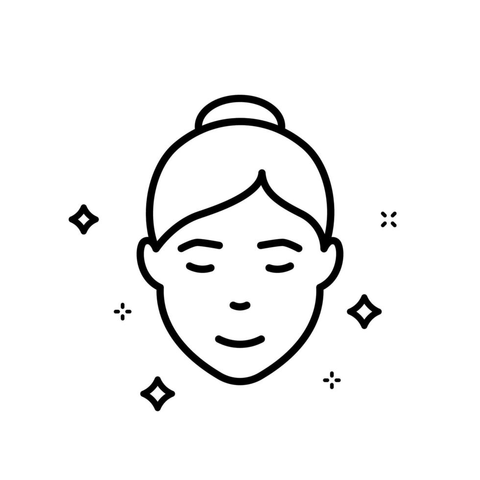 femme avec icône de ligne de peau beauté visage. visage féminin sain et frais avec pictogramme linéaire de peau propre. soin du visage, icône de contour d'hygiène. illustration vectorielle isolée. vecteur