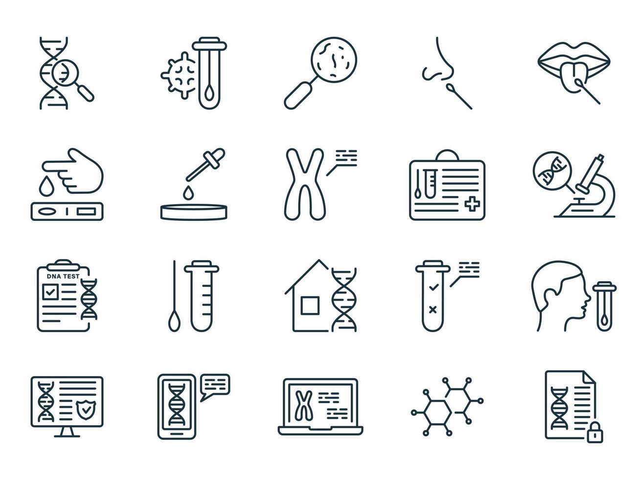 icône de ligne de jeu de recherche en laboratoire d'adn. laboratoire pour pictogramme linéaire d'analyse génétique. kit d'échantillons pour l'analyse génétique, icône de contour de résultat de test d'adn. illustration vectorielle isolée. vecteur