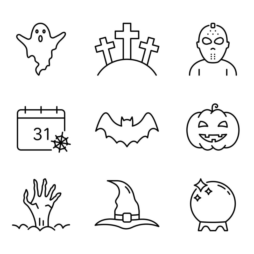 icône de ligne de jeu d'halloween. citrouille, fantôme, chauve-souris, calendrier, chapeau, boule magique et icône de contour de main zombie. pictogramme linéaire d'horreur effrayant. notion d'Halloween. trait modifiable. illustration vectorielle isolée. vecteur