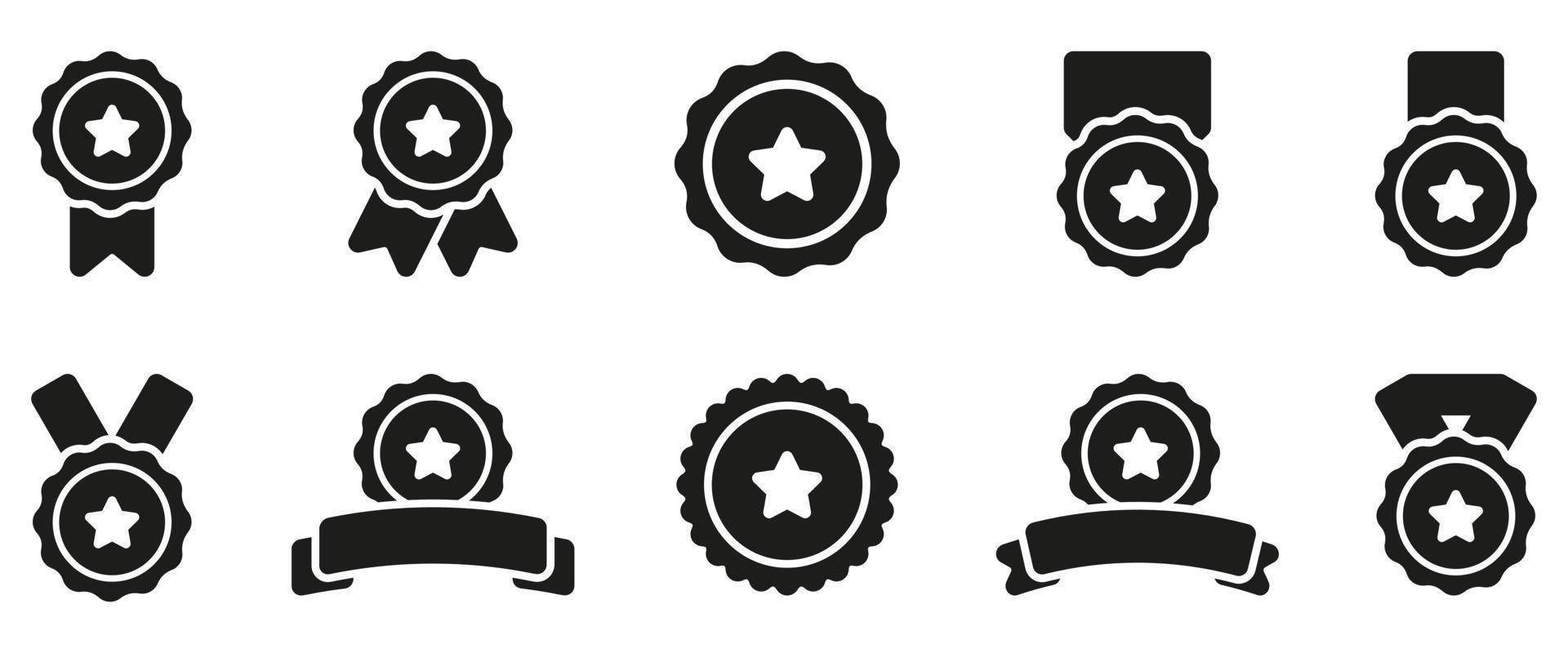 collection de médailles noires avec ruban et étoiles pour le vainqueur du championnat. récompenses de silhouette sur fond blanc. récompenses rondes pour la compétition sportive. illustration vectorielle isolée. vecteur