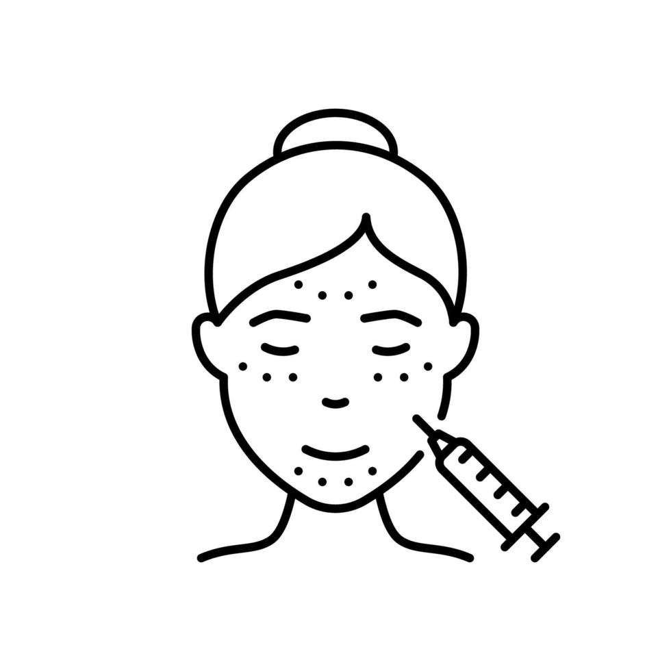 icône de ligne d'injection faciale de femme. soins de la peau de cosmétologie pour le pictogramme de visage de fille. remplisseur, acide, botox, mésothérapie, icône de contour de procédure anti-vieillissement. illustration vectorielle isolée. vecteur