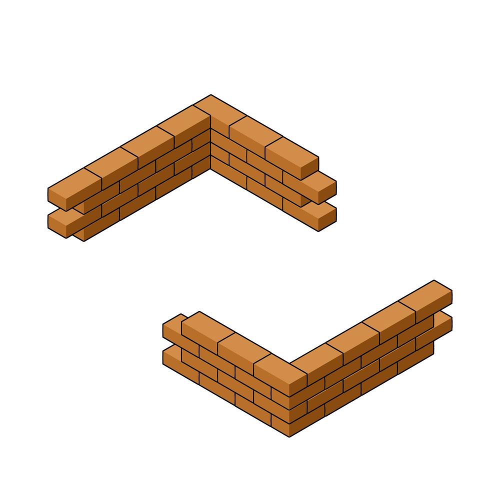 mur de briques rouges en vue isométrique. construction du bâtiment. coin de clôture basse. matériaux de réparation de différents côtés. illustration de dessin animé vecteur