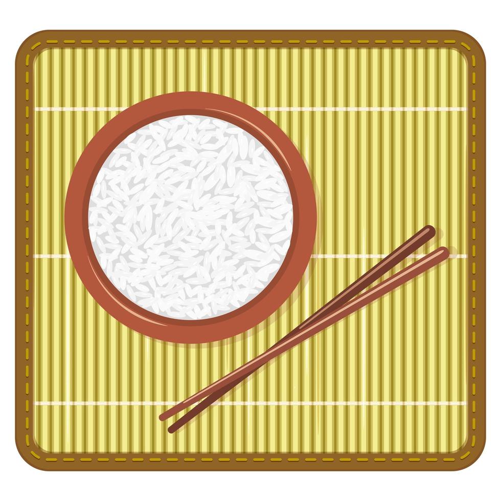 riz cuit dans un bol brun sur une natte de bambou jaune avec des baguettes chinoises. vecteur