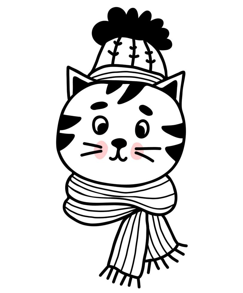 chat mignon en bonnet et écharpe d'hiver. illustration vectorielle. doodle linéaire dessiné à la main de personnage de chat pour la conception et la décoration vecteur