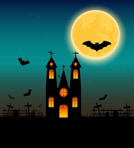 Fond d&#39;Halloween avec une batte volante et la pleine lune. Illustration vectorielle Affiche d&#39;halloween heureux. vecteur