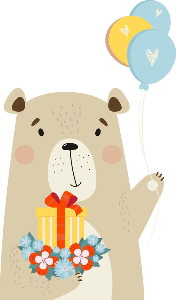 ours mignon avec cadeau, fleurs et ballons. illustration vectorielle du personnage de l'ours vecteur
