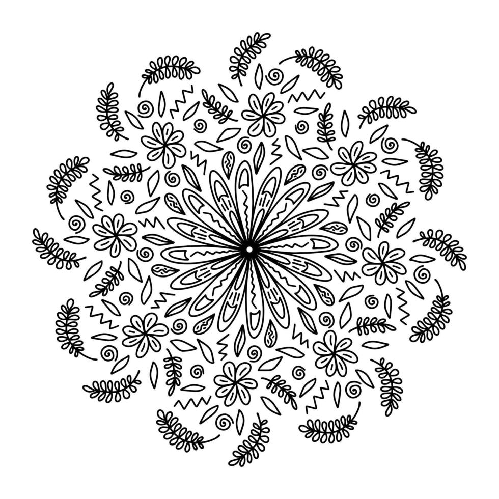 mandala vectoriel floral avec fleurs et feuilles dans un style doodle isolé sur fond blanc. coloration amusante et illustration mignonne pour le design saisonnier, le textile, la décoration de la salle de jeux pour enfants ou la carte de voeux