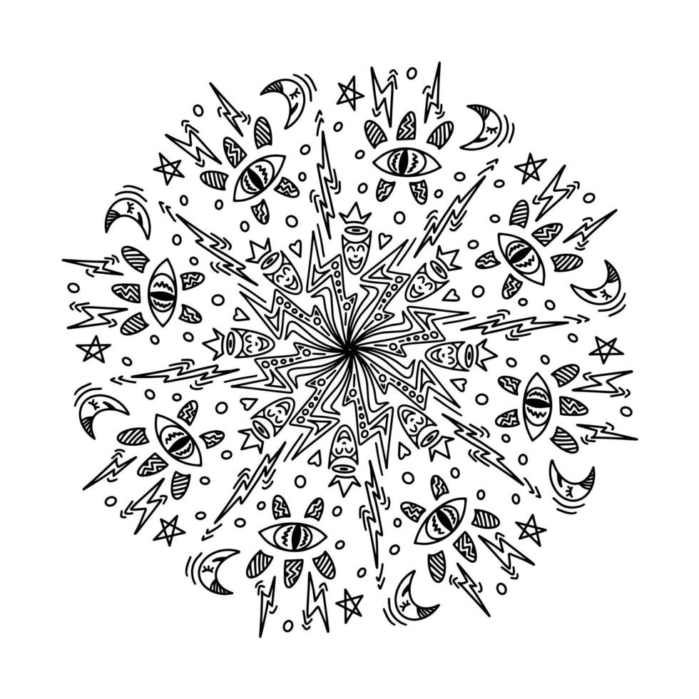 doodle vector mandala avec croissant, éclair, étoiles, œil qui voit tout, couronne et cercles, isolés sur fond blanc. art pour le design saisonnier, le textile, la décoration de la salle de jeux pour enfants ou la carte de voeux.