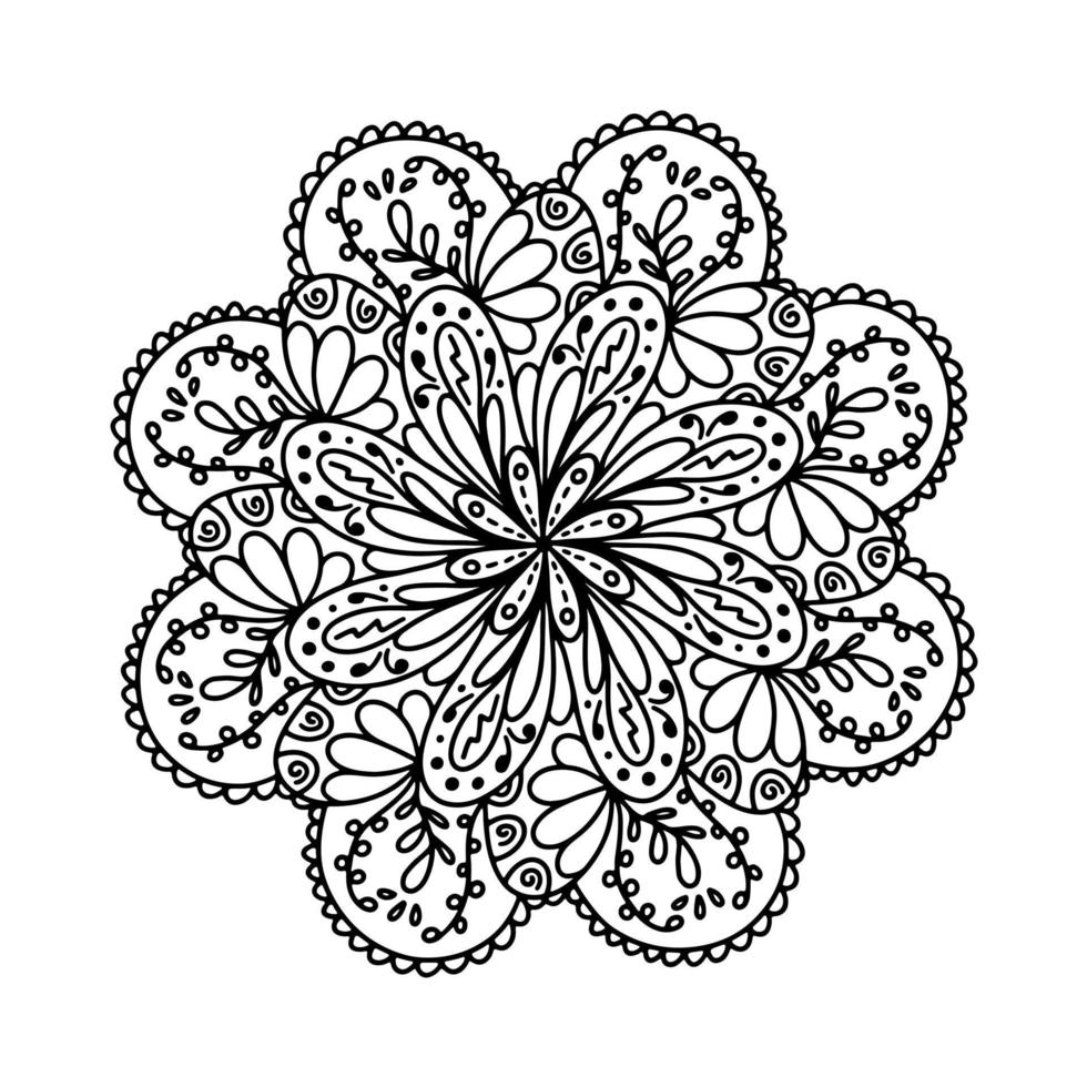 mandala vectoriel floral avec fleurs et feuilles dans un style doodle isolé sur fond blanc. coloration amusante et illustration mignonne pour le design saisonnier, le textile, la décoration de la salle de jeux pour enfants ou la carte de voeux