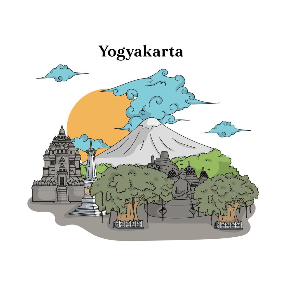 illustration du point de repère de yogyakarta. illustration indonésienne dessinée à la main. temple de borobudur, temple de prambanan, tugu jogja. vecteur