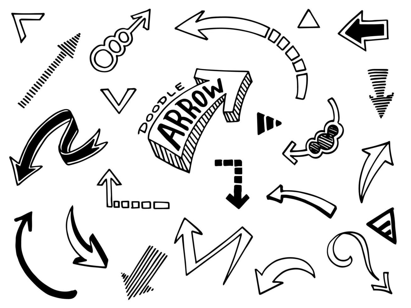 ensemble d'icônes de flèches dessinées à la main. icône de flèche avec différentes directions. illustration vectorielle de griffonnage. isolé sur fond blanc. vecteur