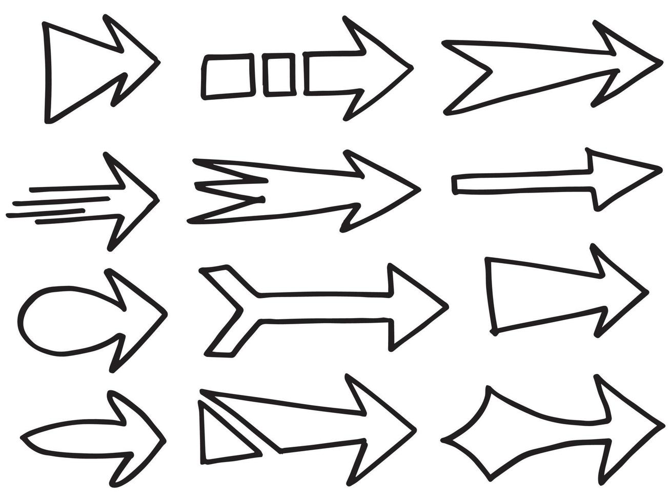 ensemble d'icônes de flèches dessinées à la main. icône de flèche avec différentes directions. illustration vectorielle de griffonnage. isolé sur fond blanc. vecteur