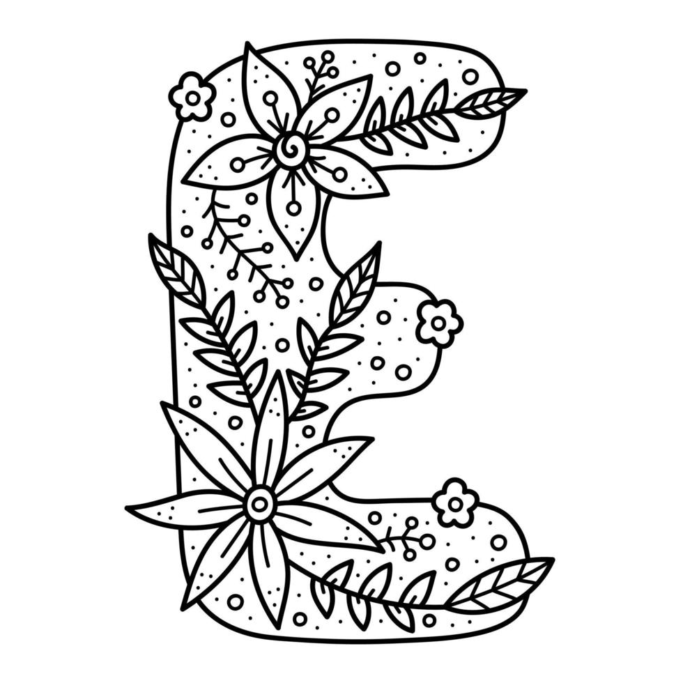 alphabet floral. lettre de doodle incolore e. livre de coloriage pour adultes et enfants. vecteur