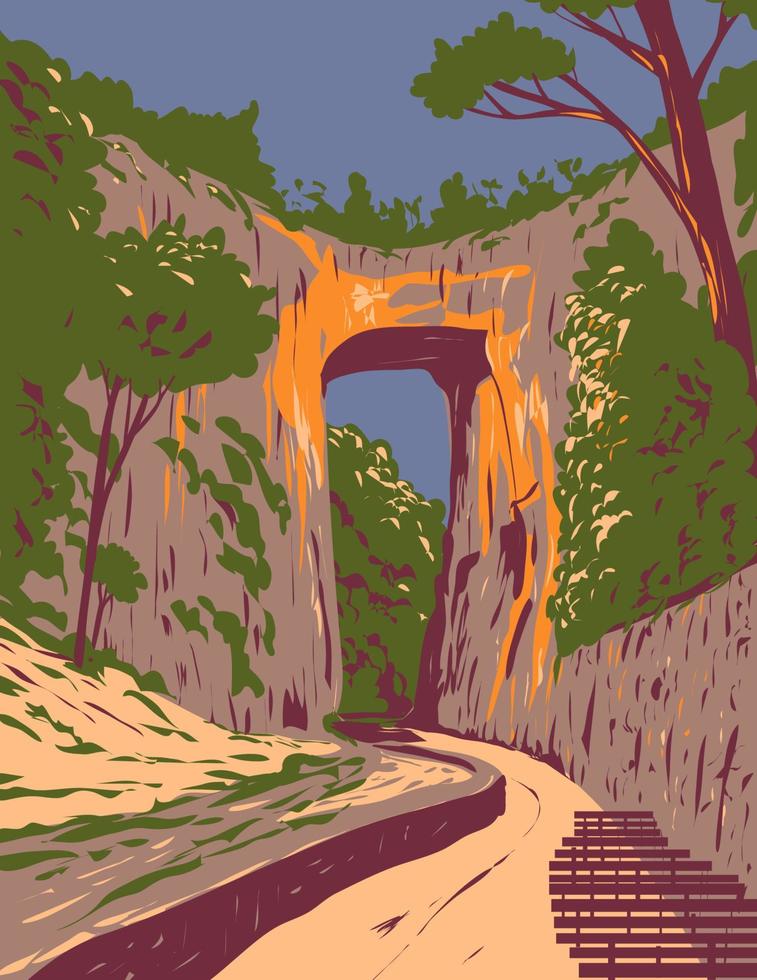 parc d'état de pont naturel avec une arche naturelle dans le comté de rockbridge virginie art de l'affiche wpa vecteur