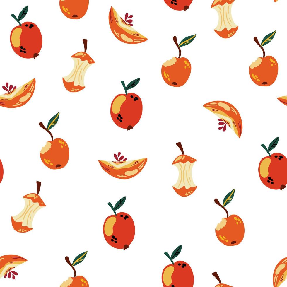 modèle sans couture de pomme. fruits frais, nourriture, concept d'aliments sains. une demi-pomme et des os. bon pour le textile, l'emballage, les papiers peints. pomme mûre rouge douce. illustration vectorielle. vecteur