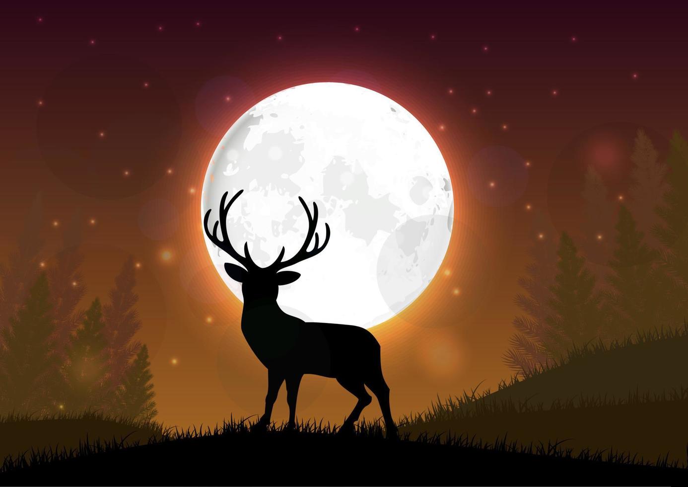 silhouette d'un cerf debout sur une colline la nuit avec la pleine lune vecteur