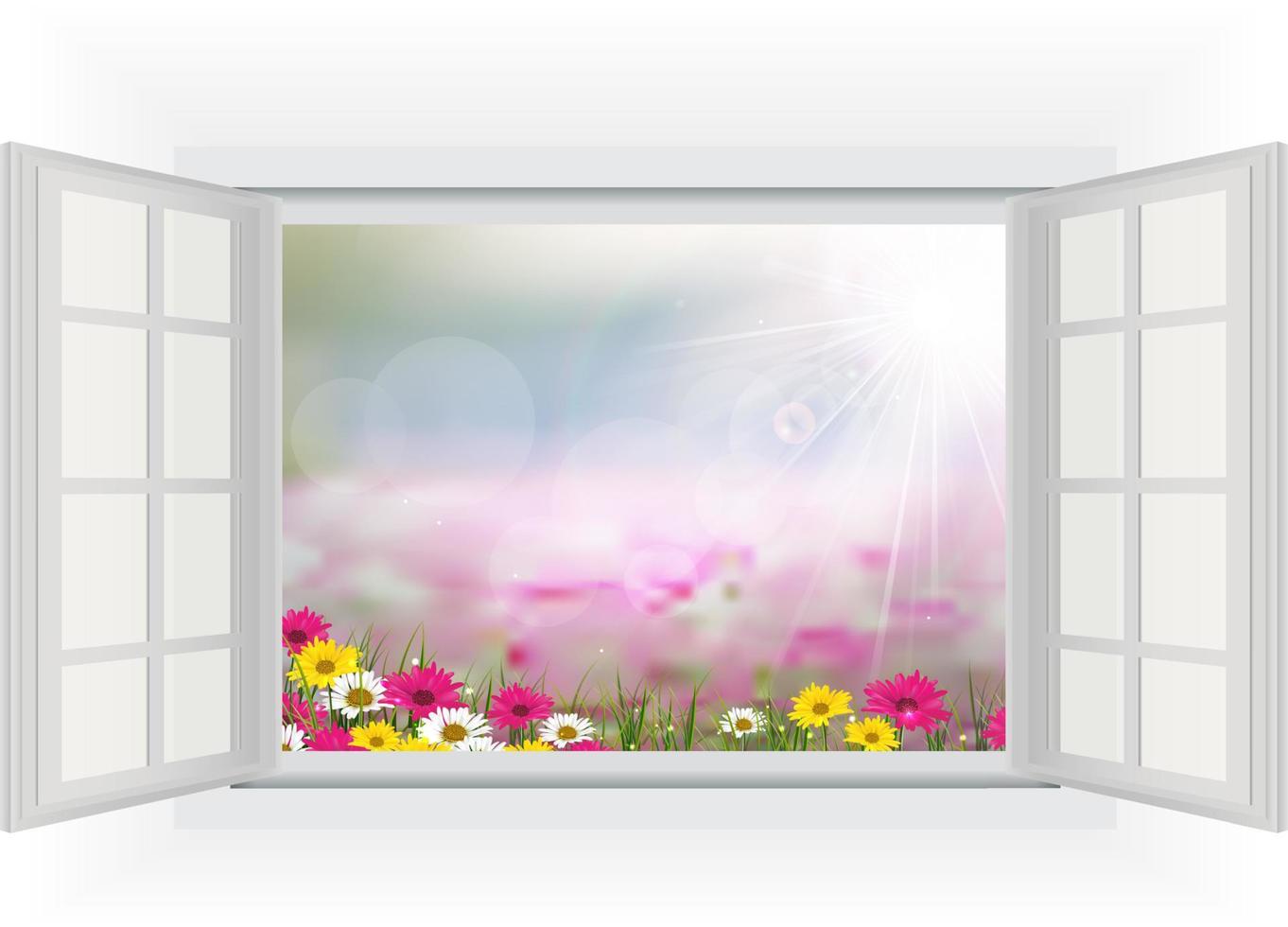 fenêtre ouverte avec une belle fleur est dans les rayons de lumière, estompée et colorée vecteur