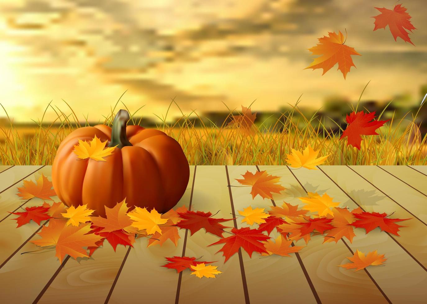 citrouilles et feuilles d'automne sur une table en bois sur fond de champ vecteur