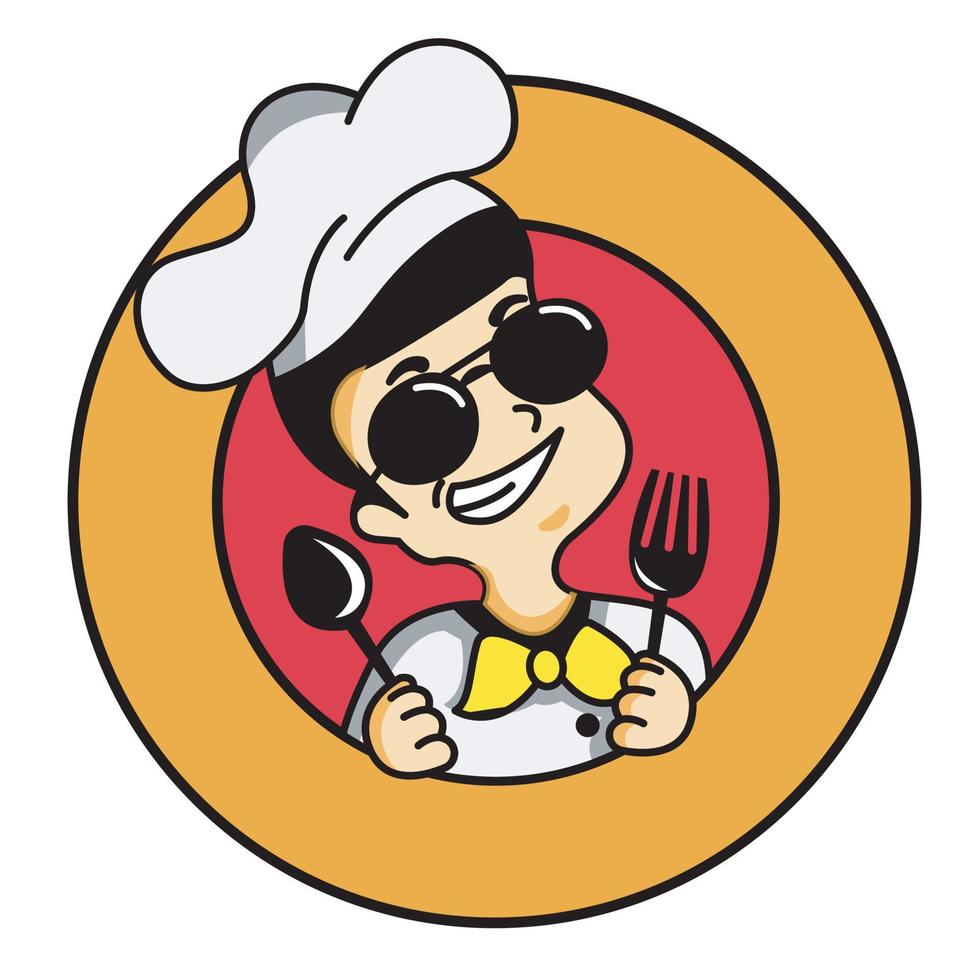 logo culinaire de chef masculin dans des lunettes de soleil avec gai vecteur